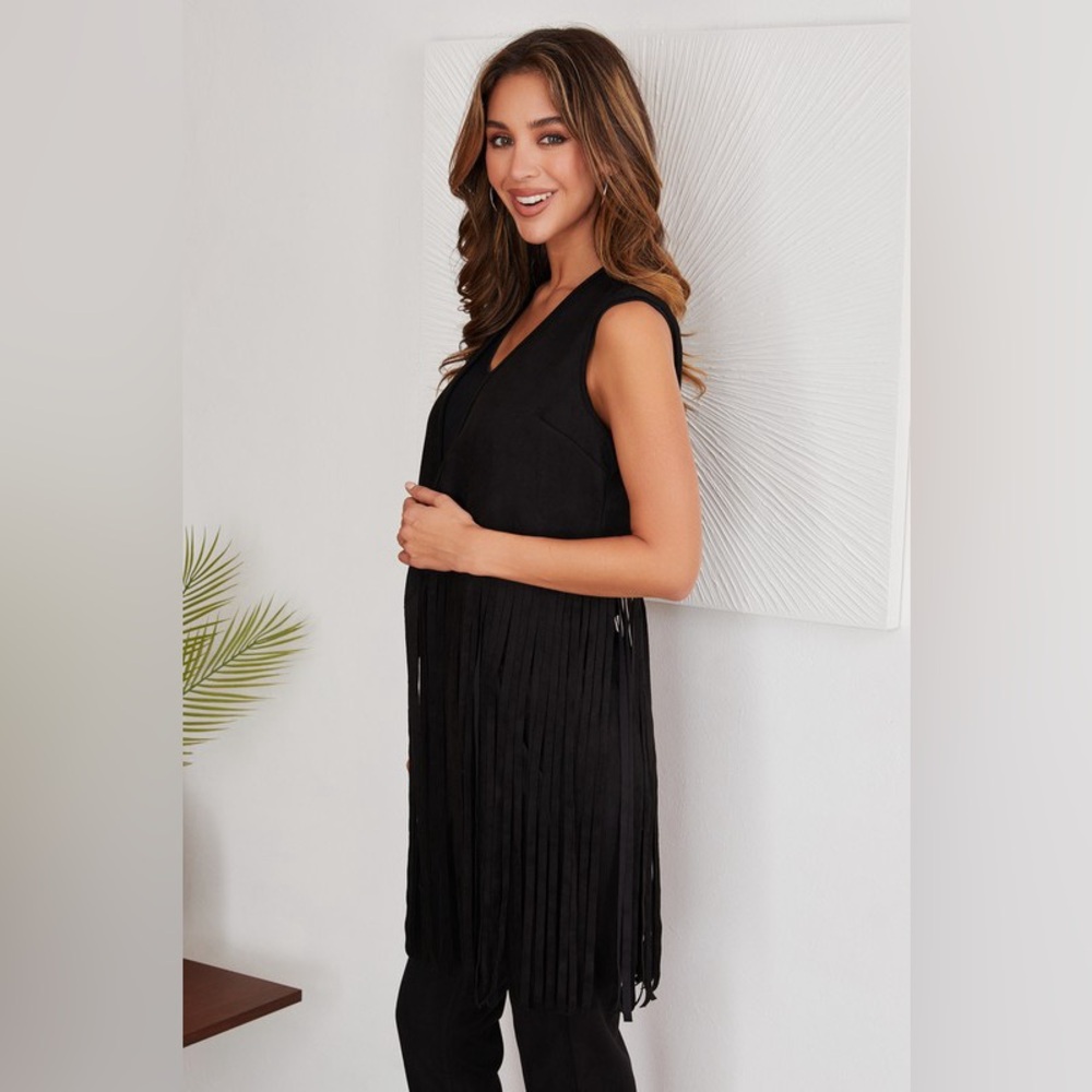 (57671-CML) FAUX SUEDE OPEN VEST WITH FRINGE HEM - Picture 4 of 6